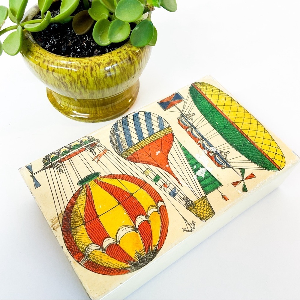 Vintage Fornasetti Style Hot Air Balloon Cigar Box Wood Tin Lined MCM